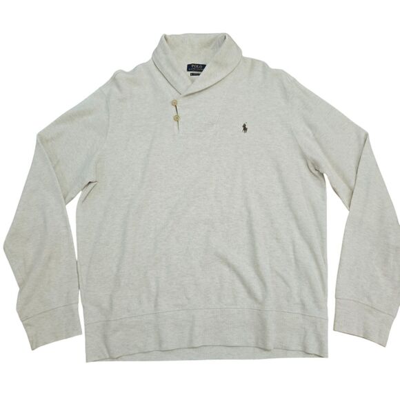 POLO Ralph Lauren Mens Large Estate Rib Shawl Neck Pullover Sweater Beige Preppy - Picture 2 of 12